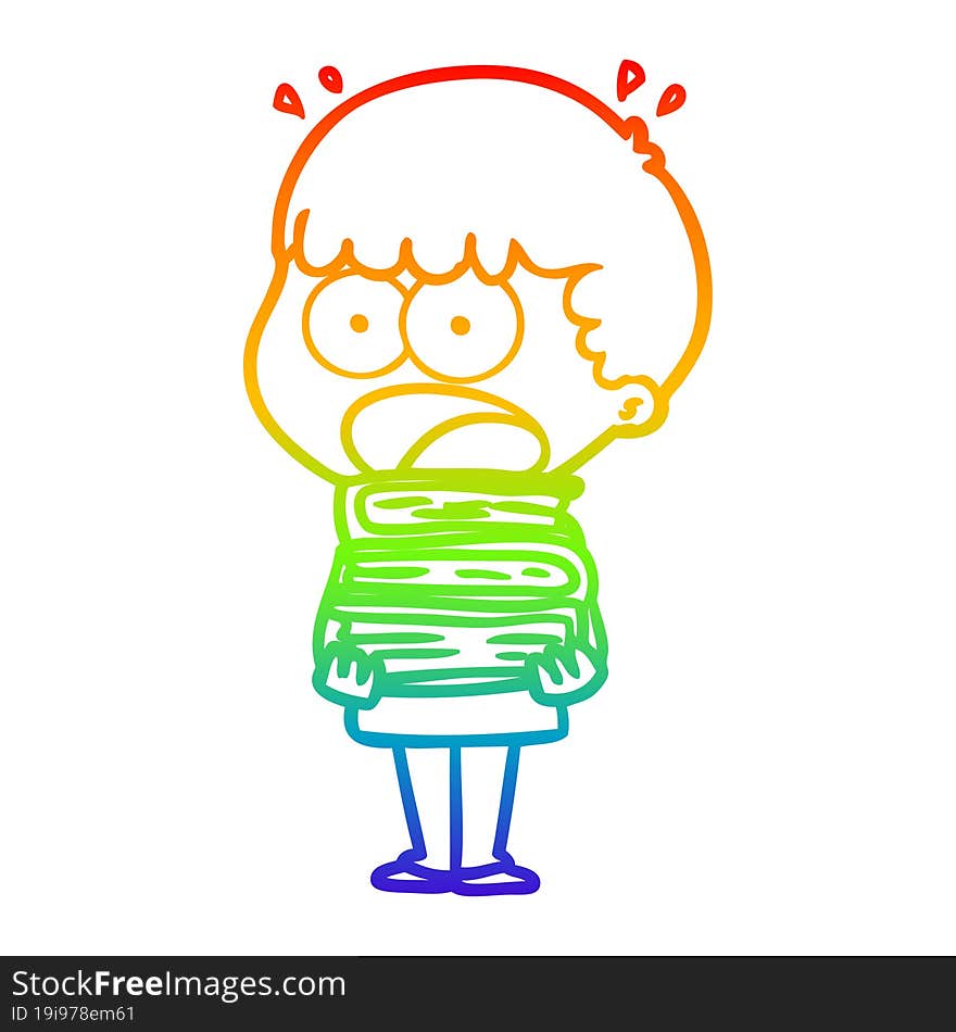 rainbow gradient line drawing cartoon shocked boy with stack of books