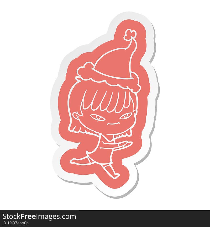 quirky cartoon  sticker of a woman wearing santa hat