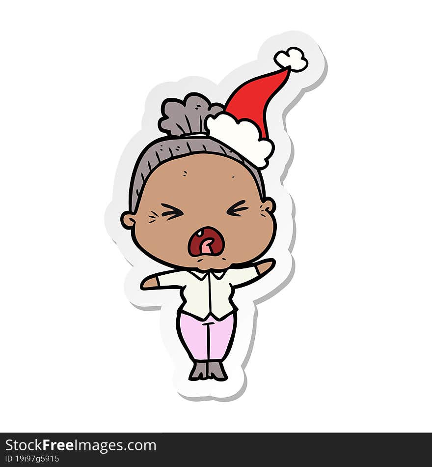 Sticker Cartoon Of A Angry Old Woman Wearing Santa Hat