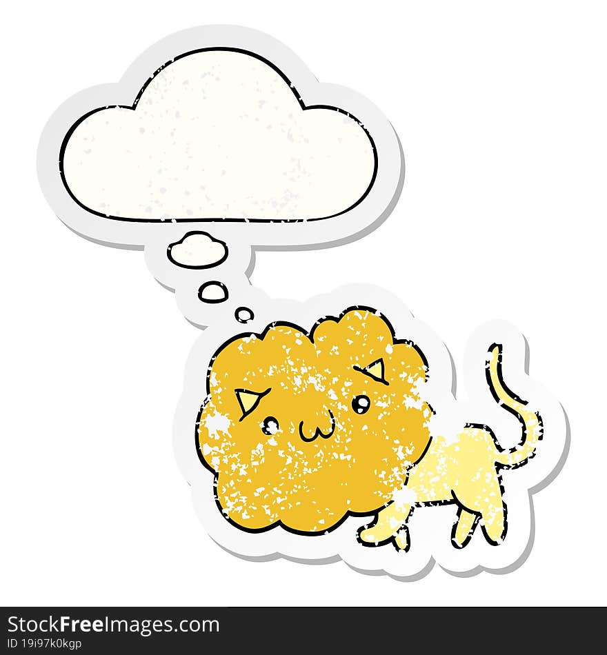 cute cartoon lion and thought bubble as a distressed worn sticker