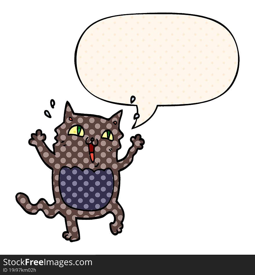 cartoon crazy excited cat and speech bubble in comic book style