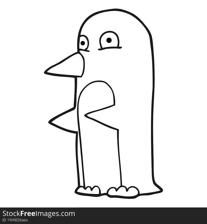 freehand drawn black and white cartoon penguin