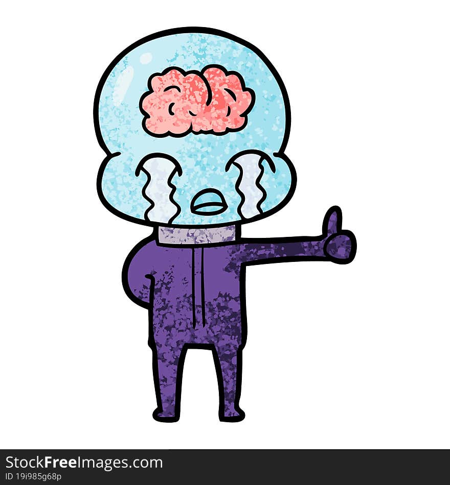 cartoon big brain alien crying but giving thumbs up symbol. cartoon big brain alien crying but giving thumbs up symbol