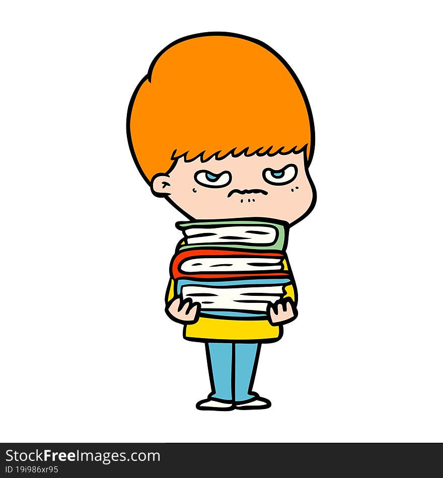 angry cartoon boy with books. angry cartoon boy with books