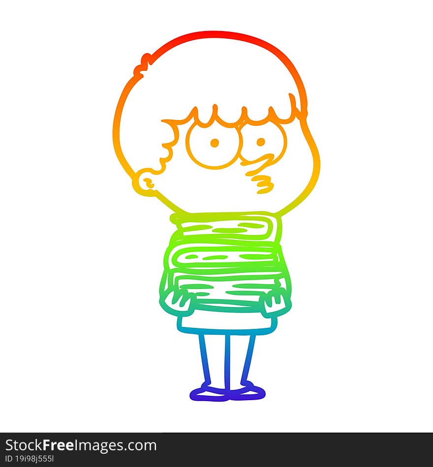 rainbow gradient line drawing cartoon curious boy with lots of books