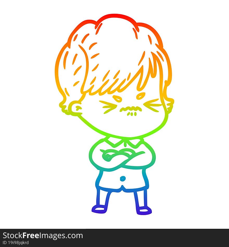 Rainbow Gradient Line Drawing Cartoon Frustrated Woman