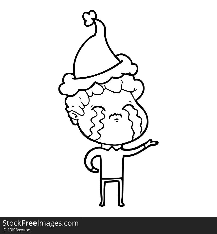 hand drawn line drawing of a man crying wearing santa hat