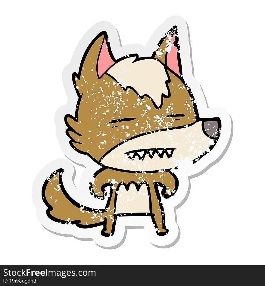 distressed sticker of a cartoon wolf showing teeth