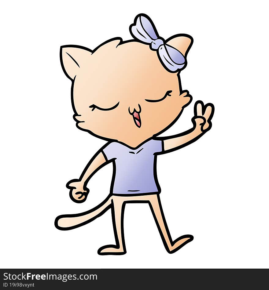 cartoon cat with bow on head giving peace sign. cartoon cat with bow on head giving peace sign