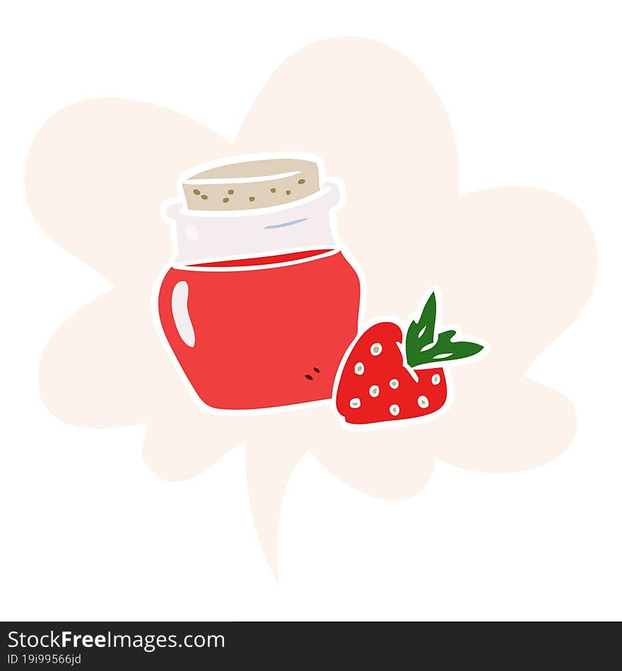 cartoon jar of strawberry jam with speech bubble in retro style