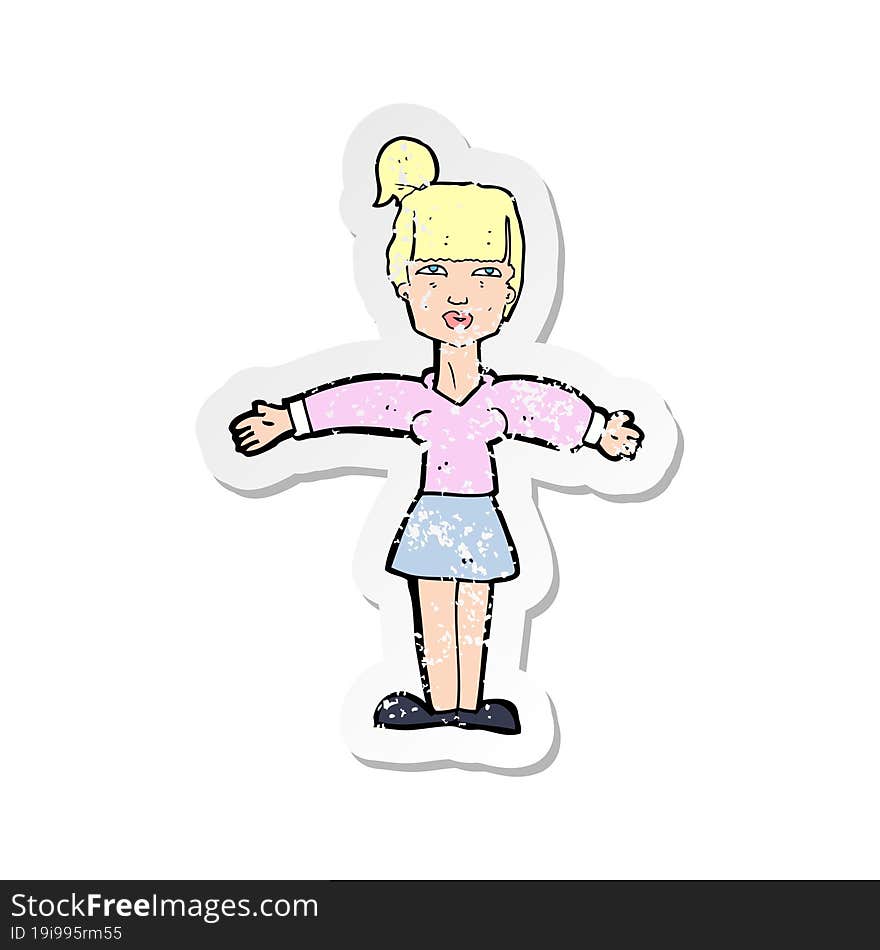 Retro Distressed Sticker Of A Cartoon Woman Shrugging Shoulders