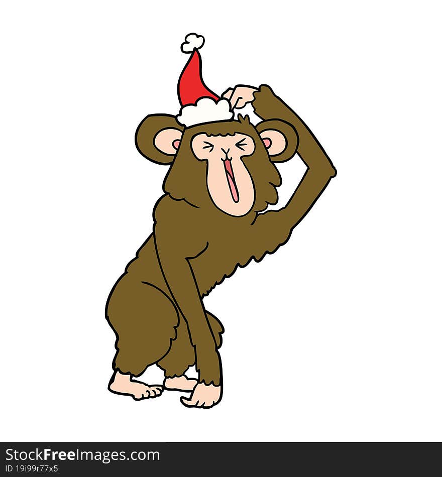 line drawing of a chimp scratching head wearing santa hat