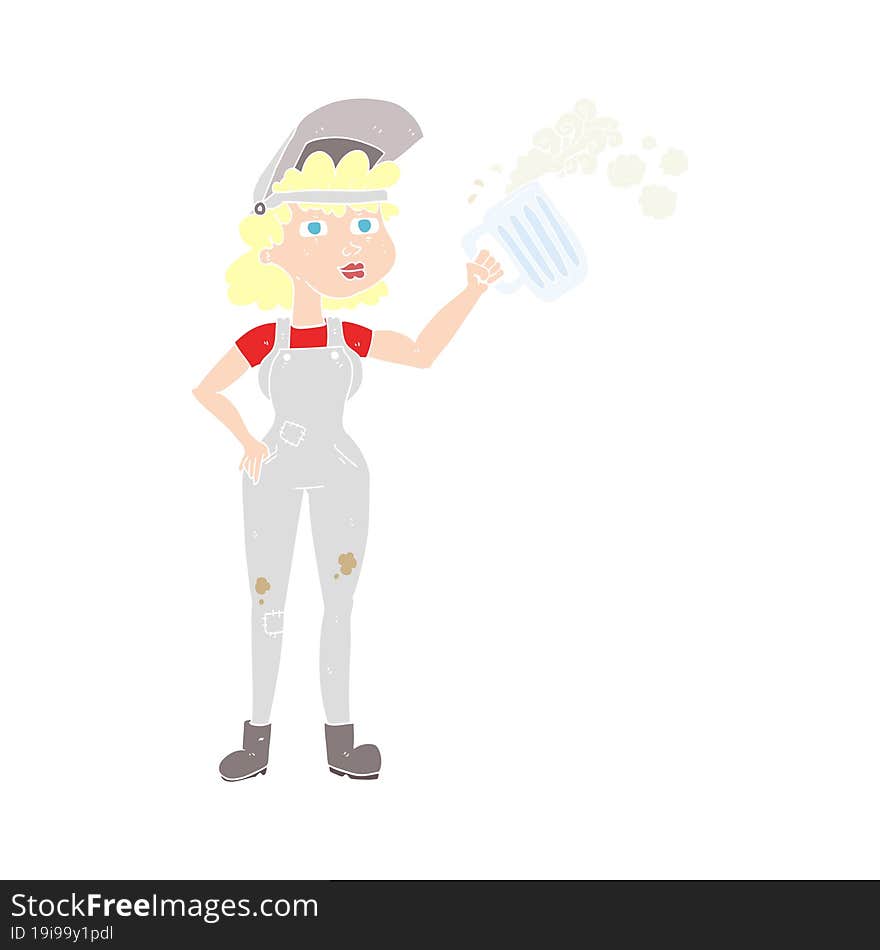 flat color illustration of hard working woman with beer. flat color illustration of hard working woman with beer