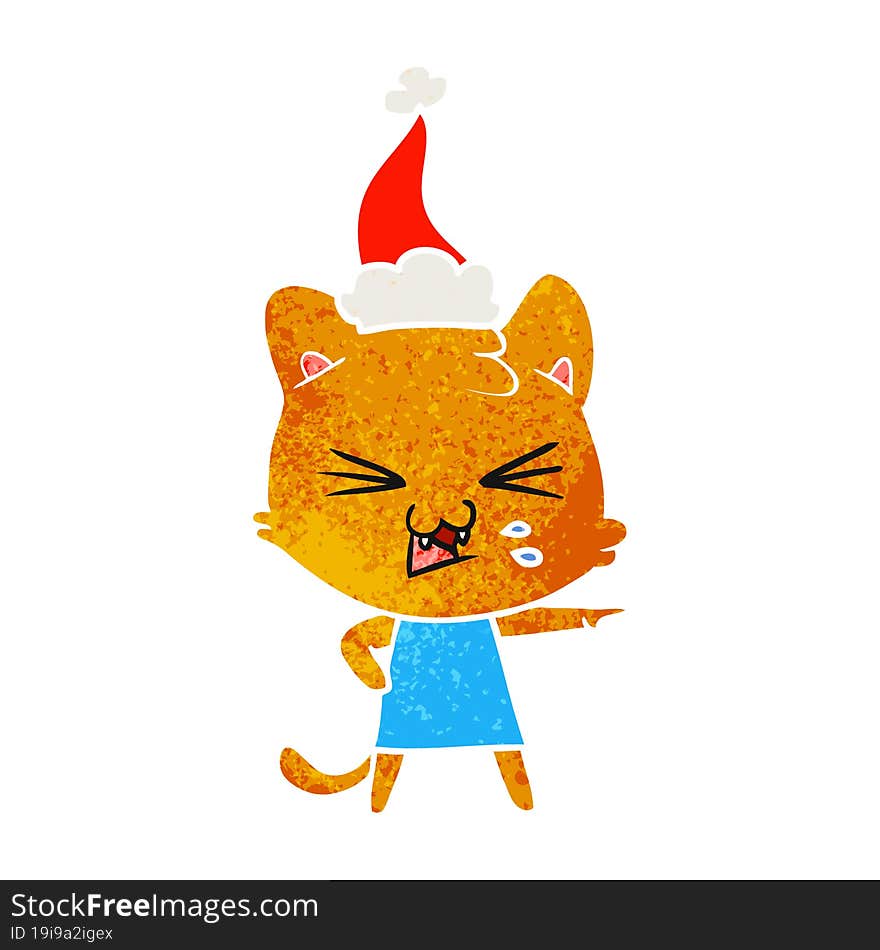 Retro Cartoon Of A Hissing Cat Wearing Santa Hat