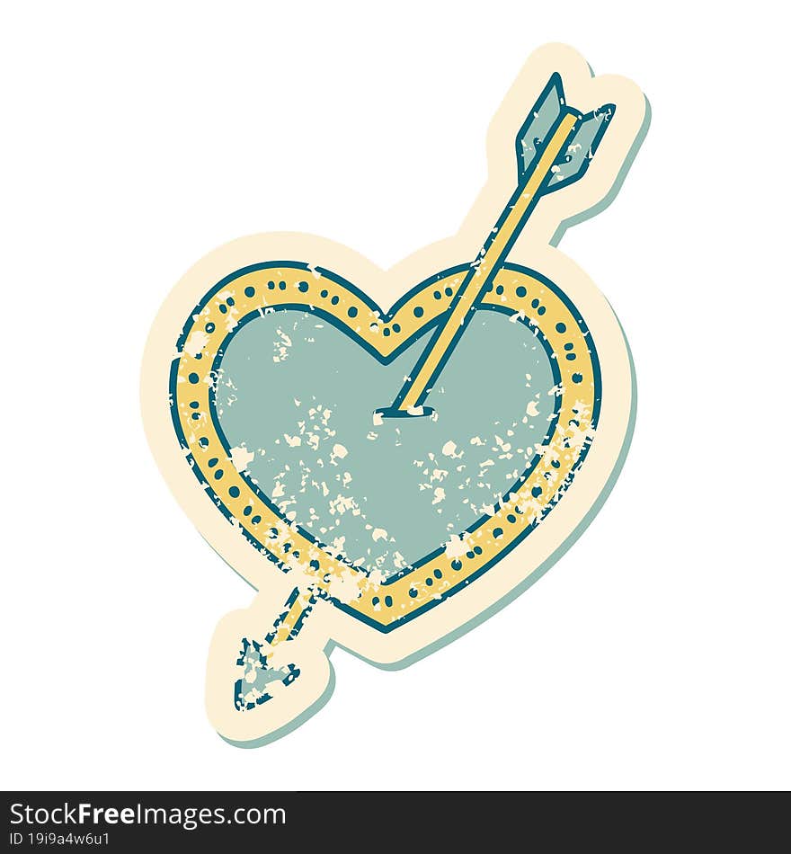 distressed sticker tattoo style icon of an arrow and heart