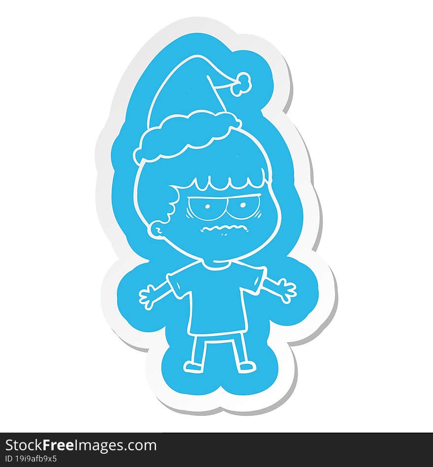 cartoon  sticker of a angry man wearing santa hat