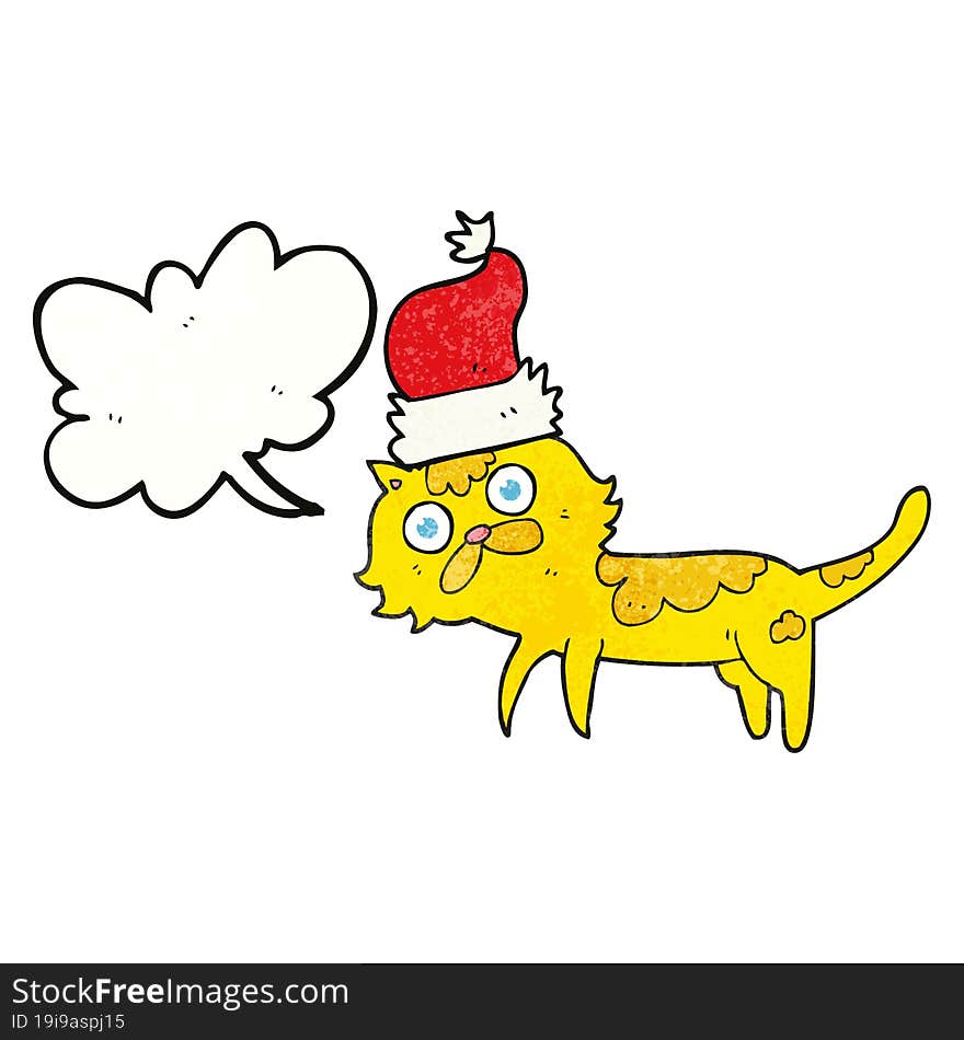 Speech Bubble Textured Cartoon Cat Wearing Christmas Hat