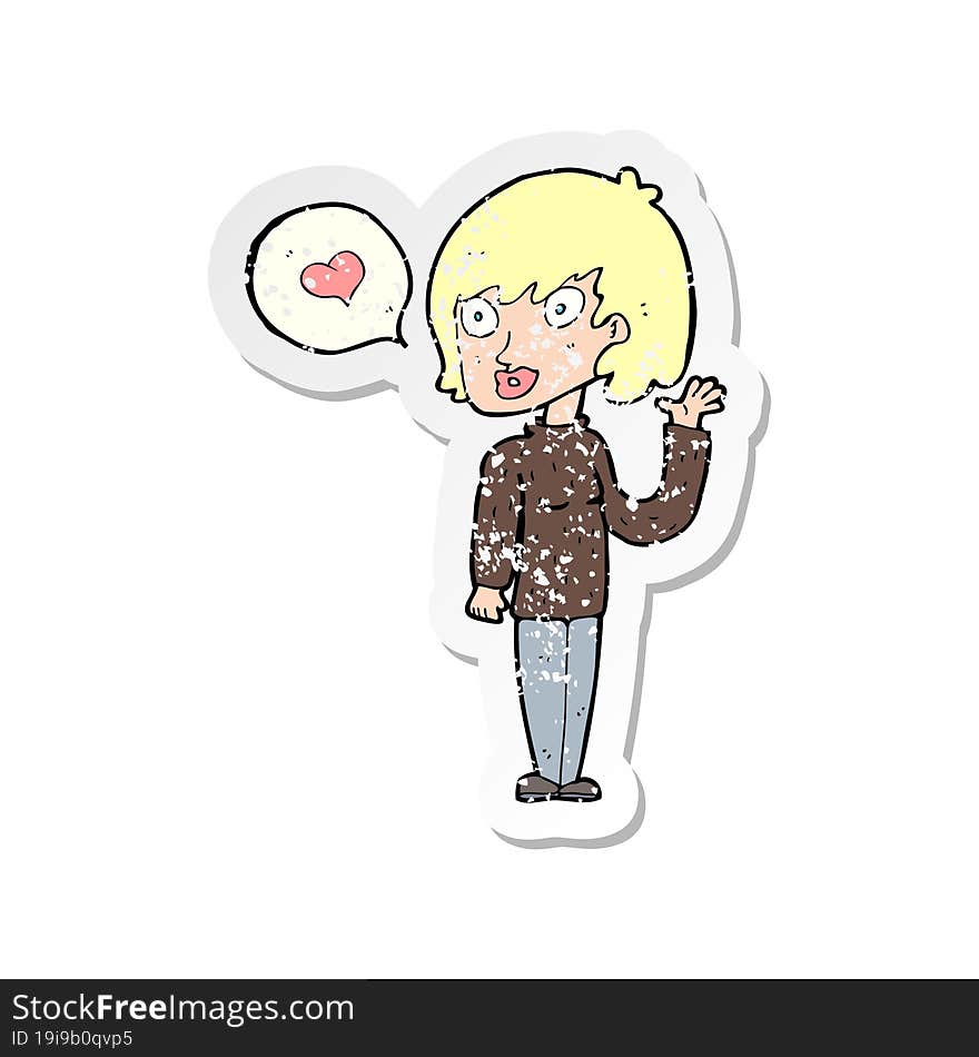 retro distressed sticker of a cartoon woman in love