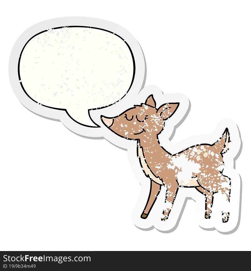 cartoon deer with speech bubble distressed distressed old sticker. cartoon deer with speech bubble distressed distressed old sticker