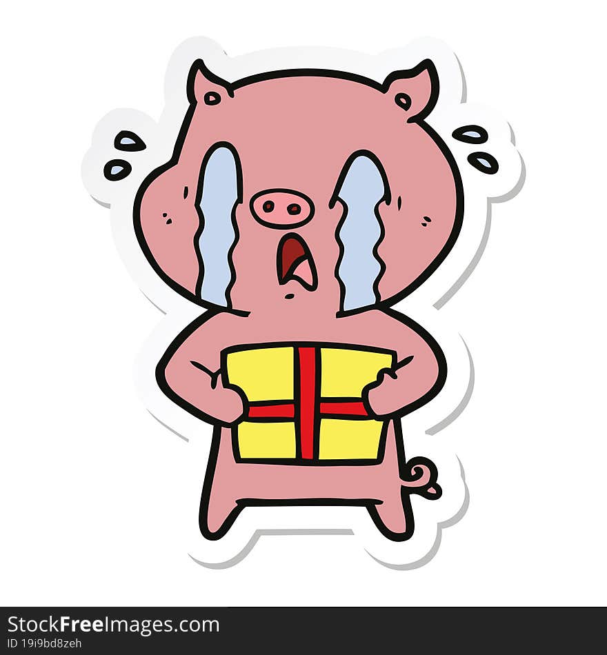 sticker of a crying pig cartoon delivering christmas present