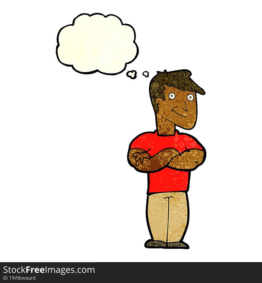 cartoon muscular man with thought bubble