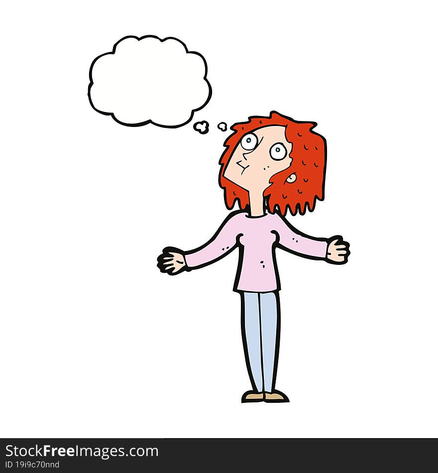 Cartoon Curious Woman Looking Upwards With Thought Bubble