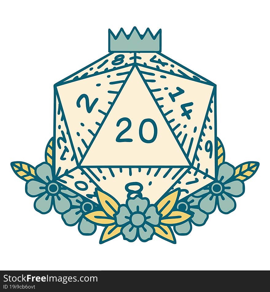 Natural 20 D20 Dice Roll With Floral Elements Illustration