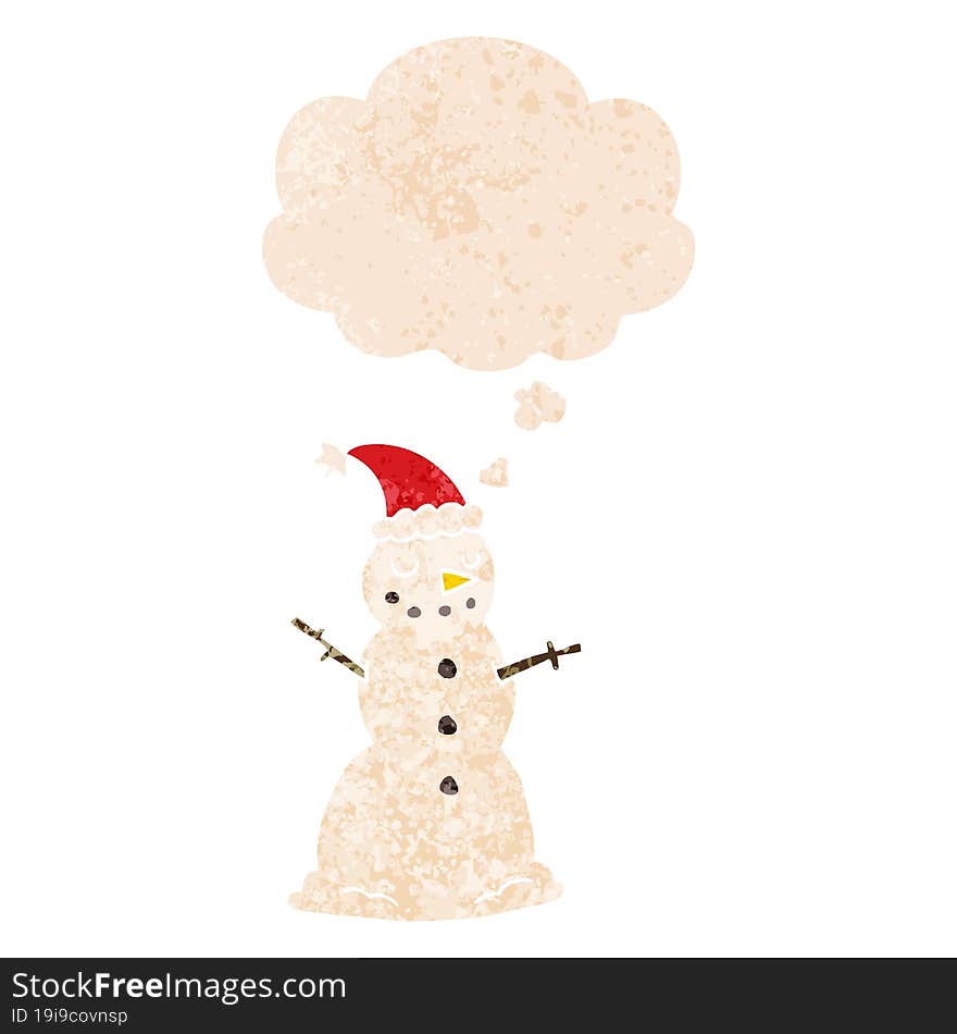 cartoon christmas snowman and thought bubble in retro textured style