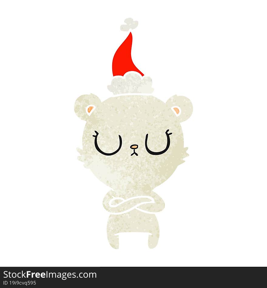 peaceful retro cartoon of a polar bear wearing santa hat