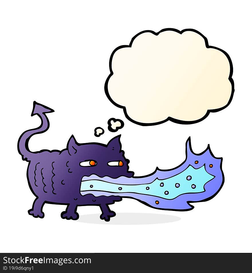 cartoon fire breathing imp with thought bubble