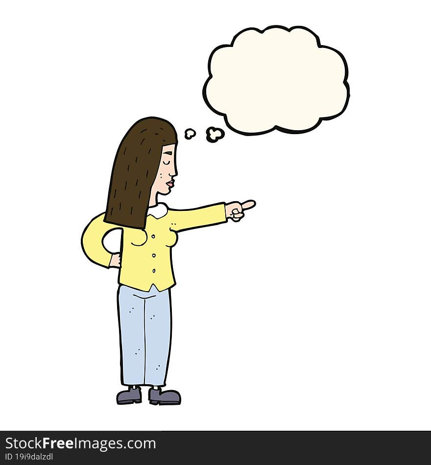 cartoon woman pointing with thought bubble