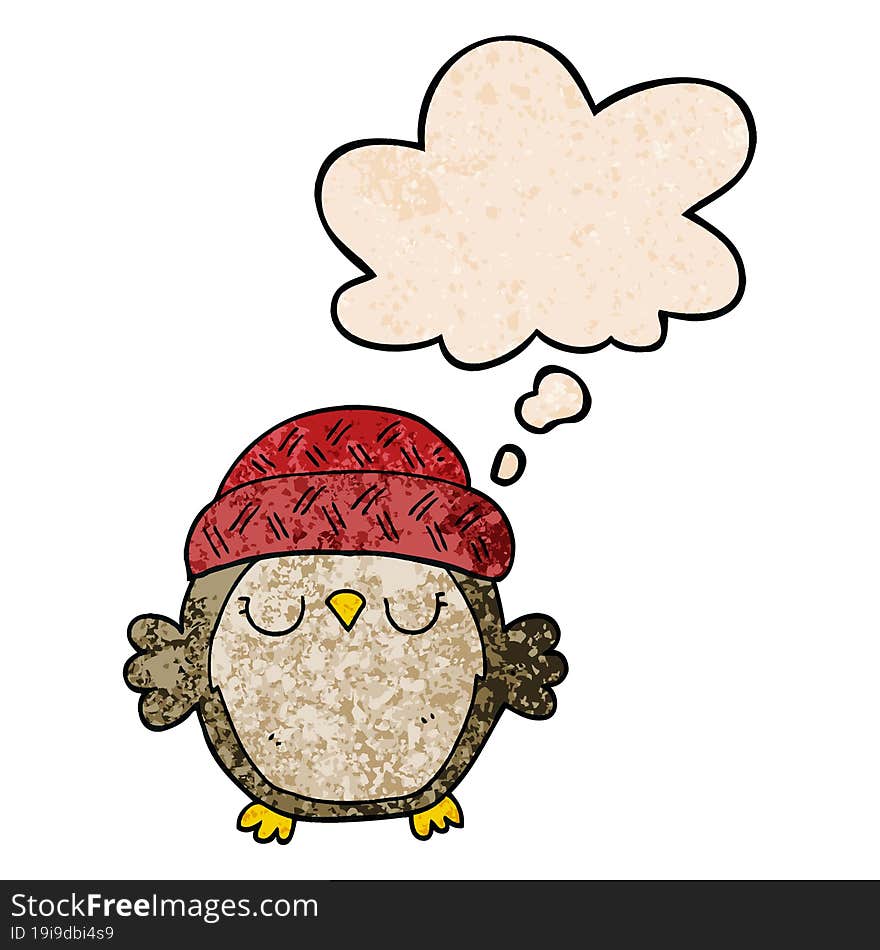 cute cartoon owl in hat and thought bubble in grunge texture pattern style