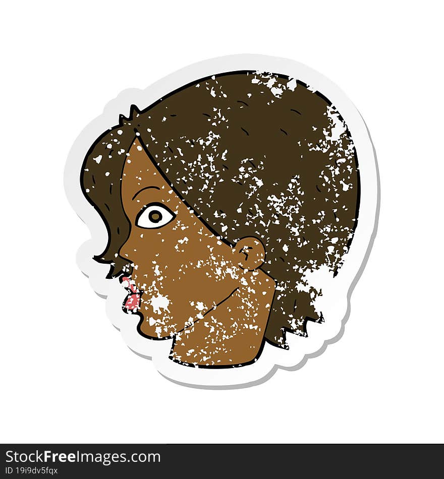 retro distressed sticker of a cartoon staring woman