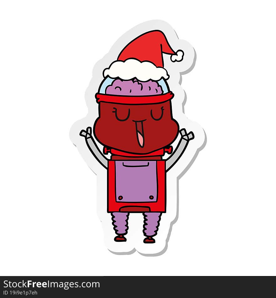 happy sticker cartoon of a robot wearing santa hat