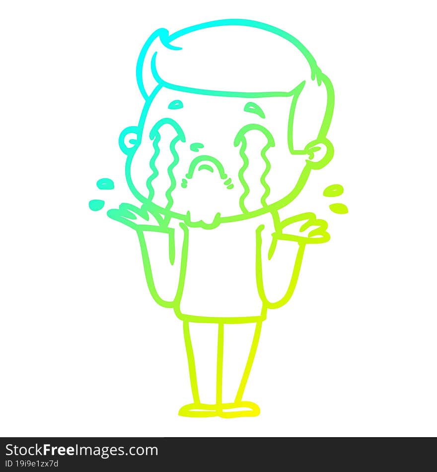 cold gradient line drawing of a cartoon man crying