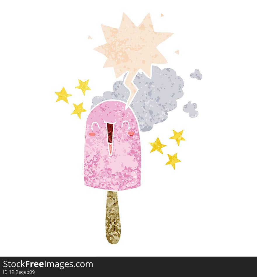 cute cartoon ice lolly and speech bubble in retro textured style