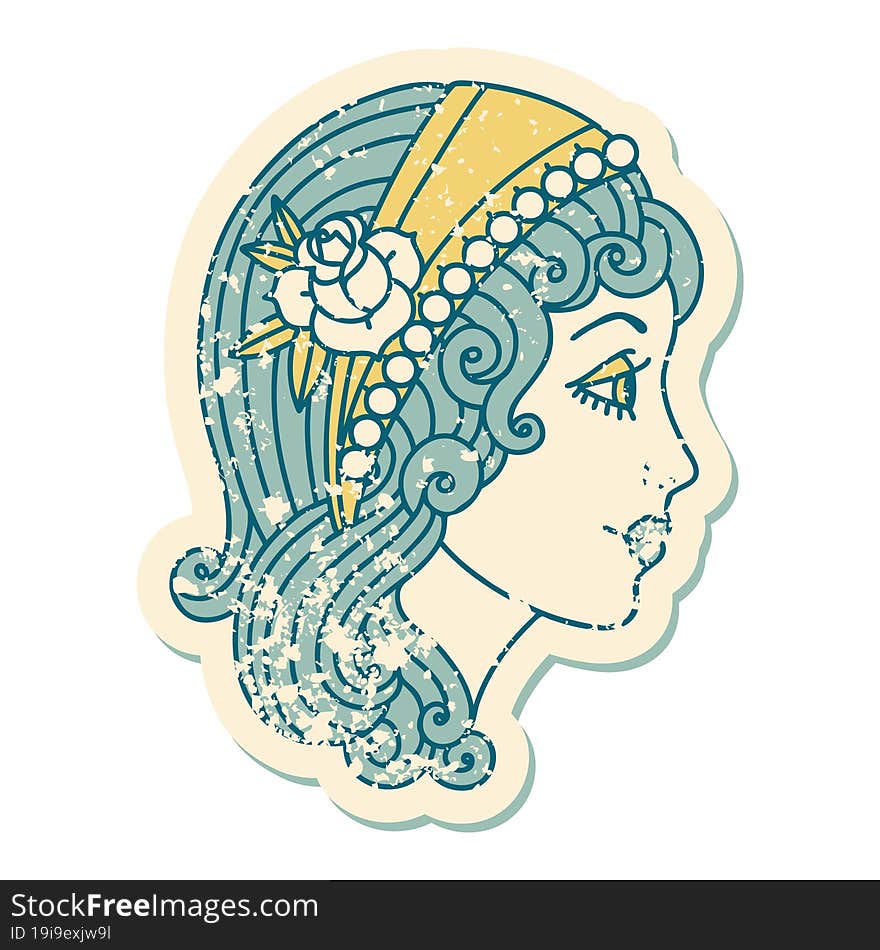 distressed sticker tattoo style icon of a gypsy head