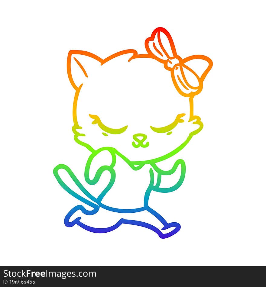 rainbow gradient line drawing of a cute cartoon cat with bow