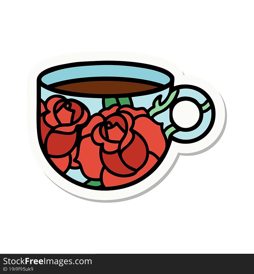 tattoo style sticker of a cup and flowers