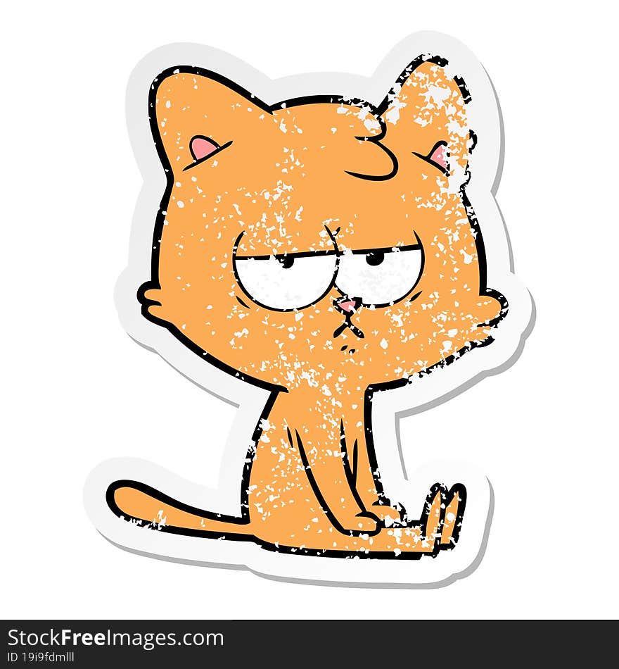 distressed sticker of a bored cartoon cat