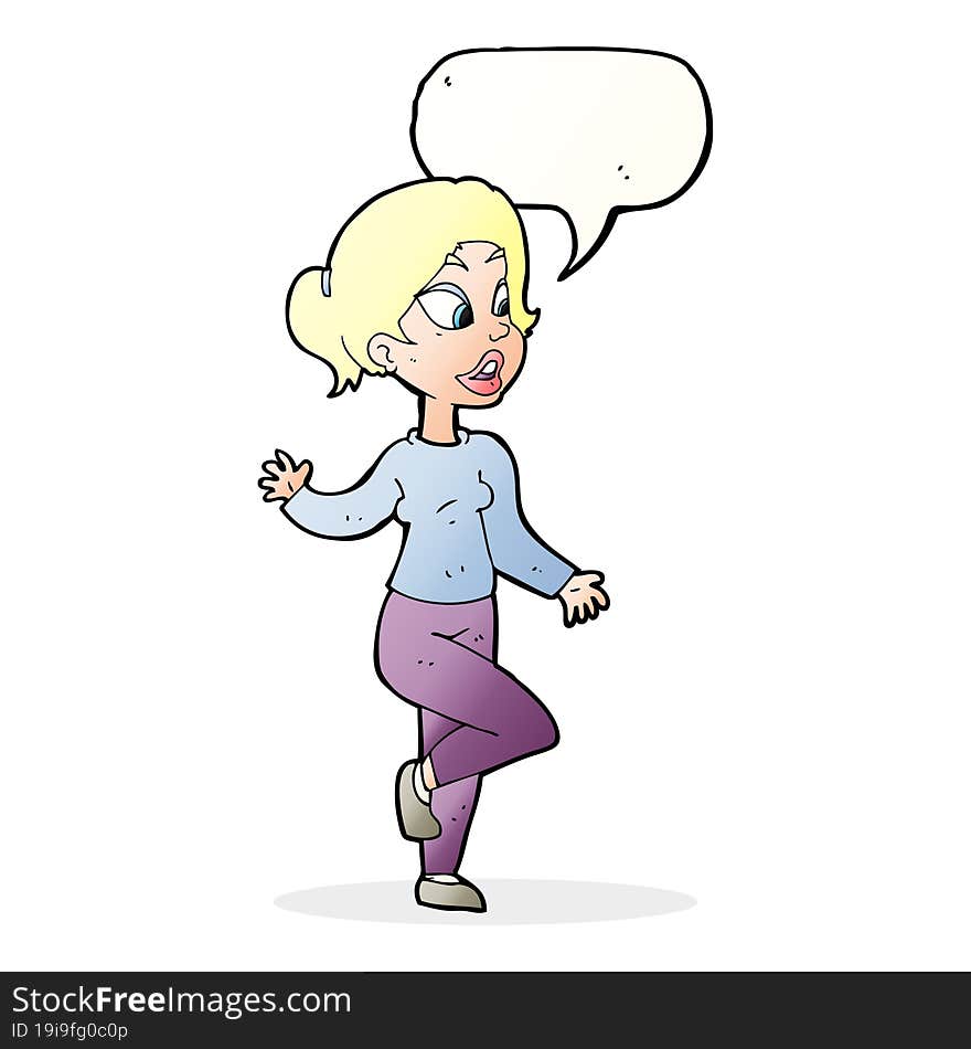 cartoon friendly woman waving with speech bubble