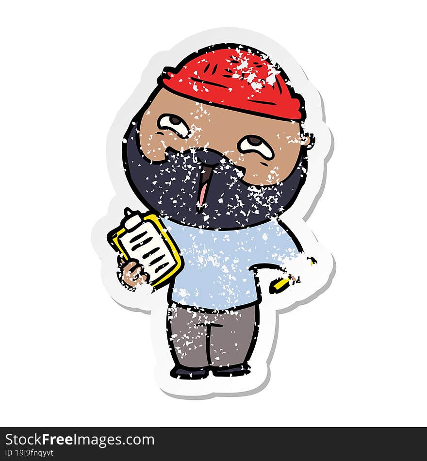 distressed sticker of a cartoon happy bearded man