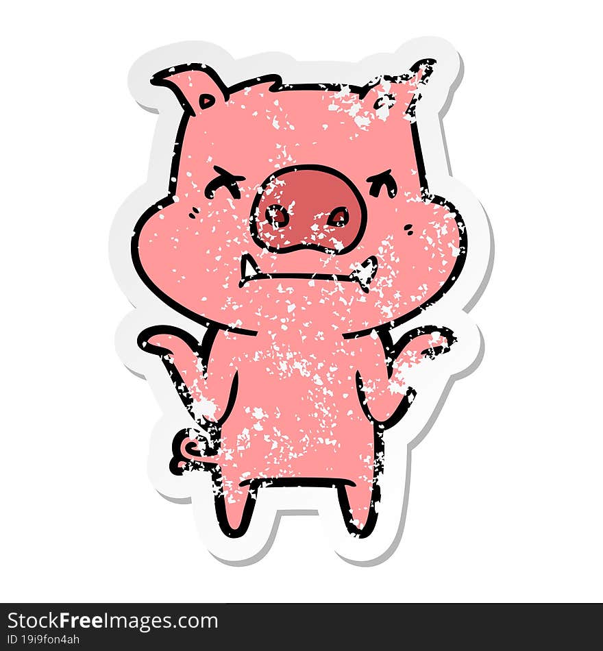 Distressed Sticker Of A Angry Cartoon Pig Shrugging Shoulders