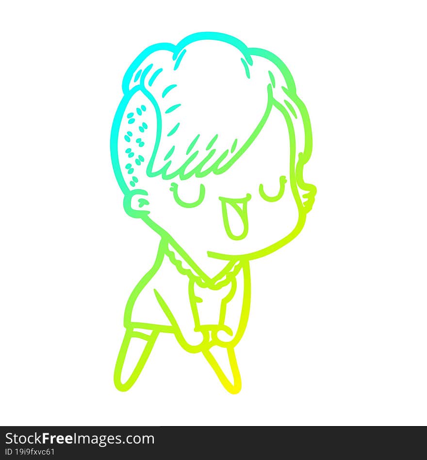 cold gradient line drawing cute cartoon girl with hipster haircut