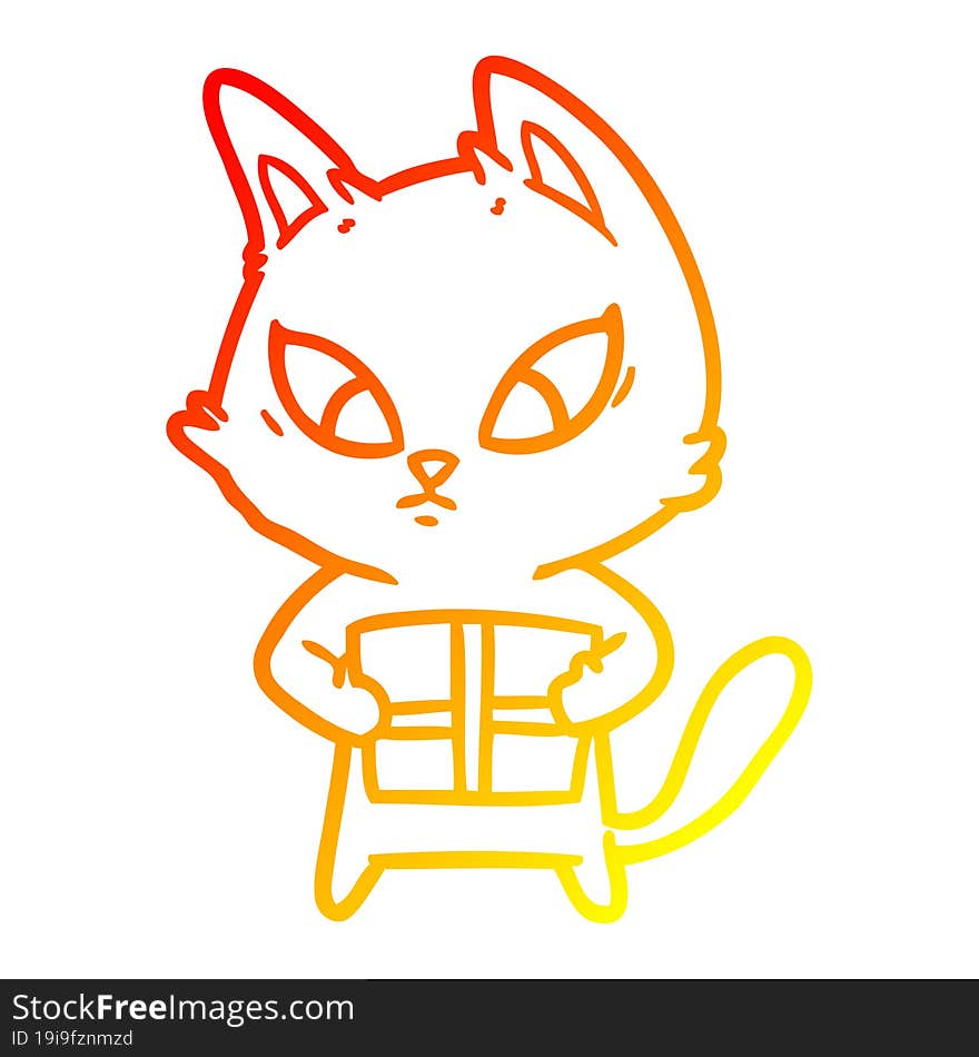 warm gradient line drawing of a confused cartoon cat with gift