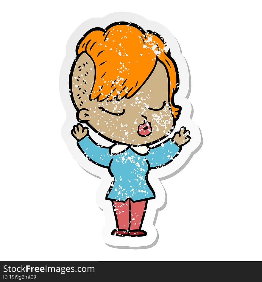 Distressed Sticker Of A Cartoon Pretty Hipster Girl