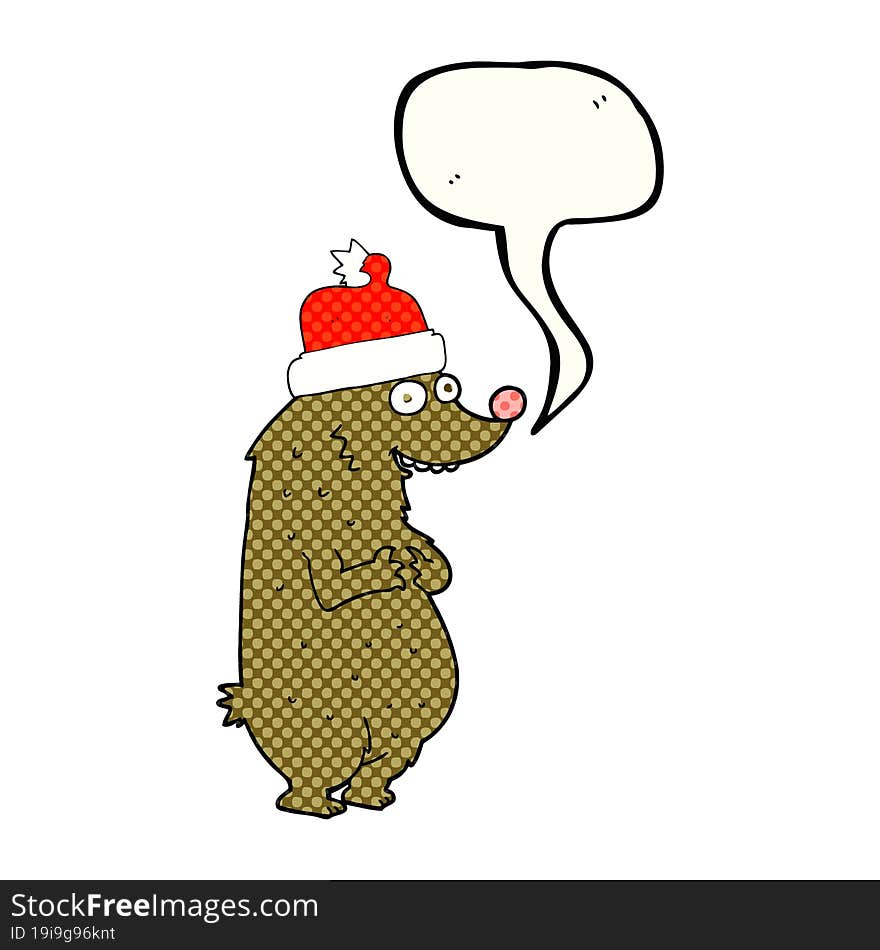 comic book speech bubble cartoon bear wearing christmas hat