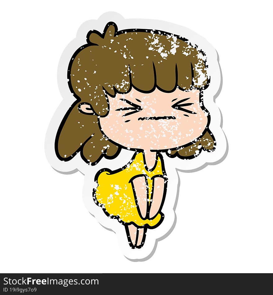 distressed sticker of a cartoon angry girl