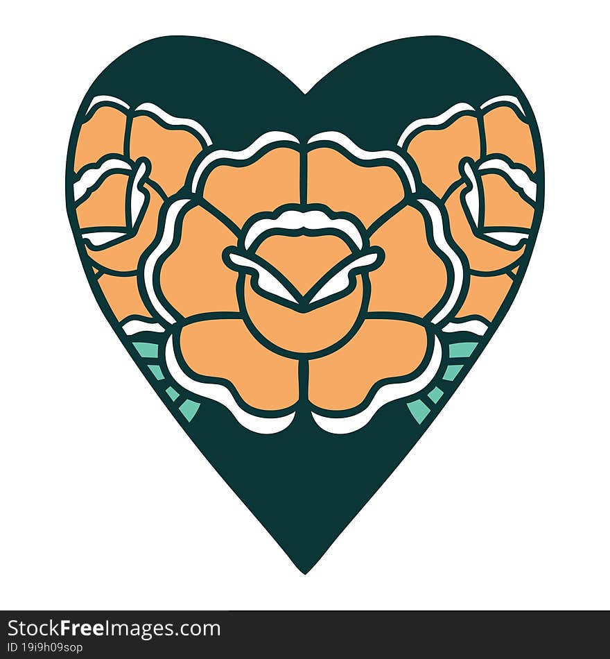 iconic tattoo style image of a heart and flowers. iconic tattoo style image of a heart and flowers