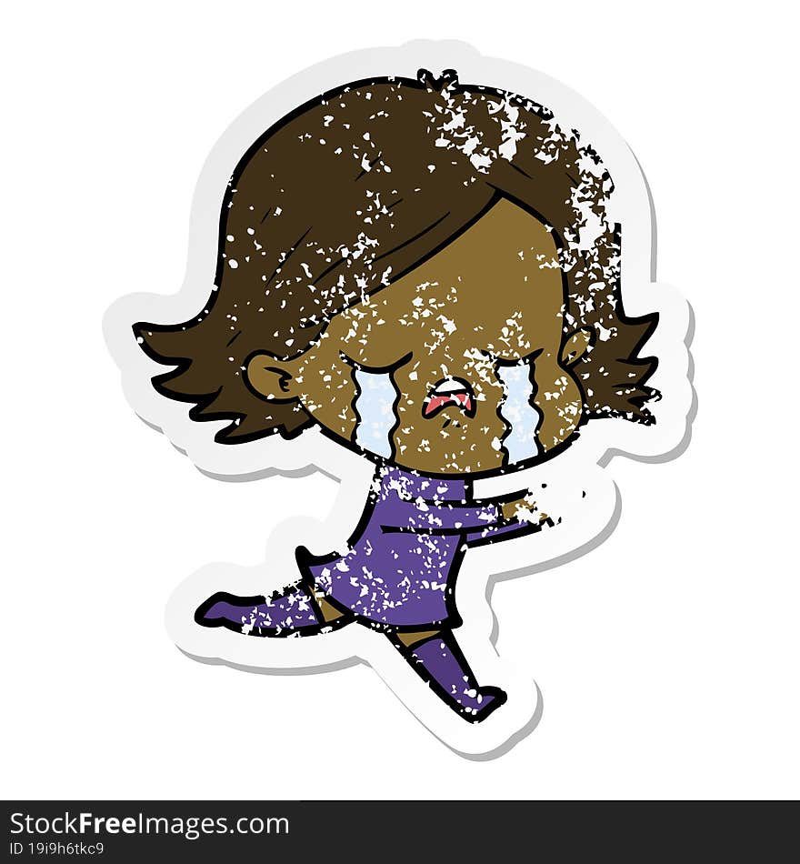 distressed sticker of a cartoon girl crying